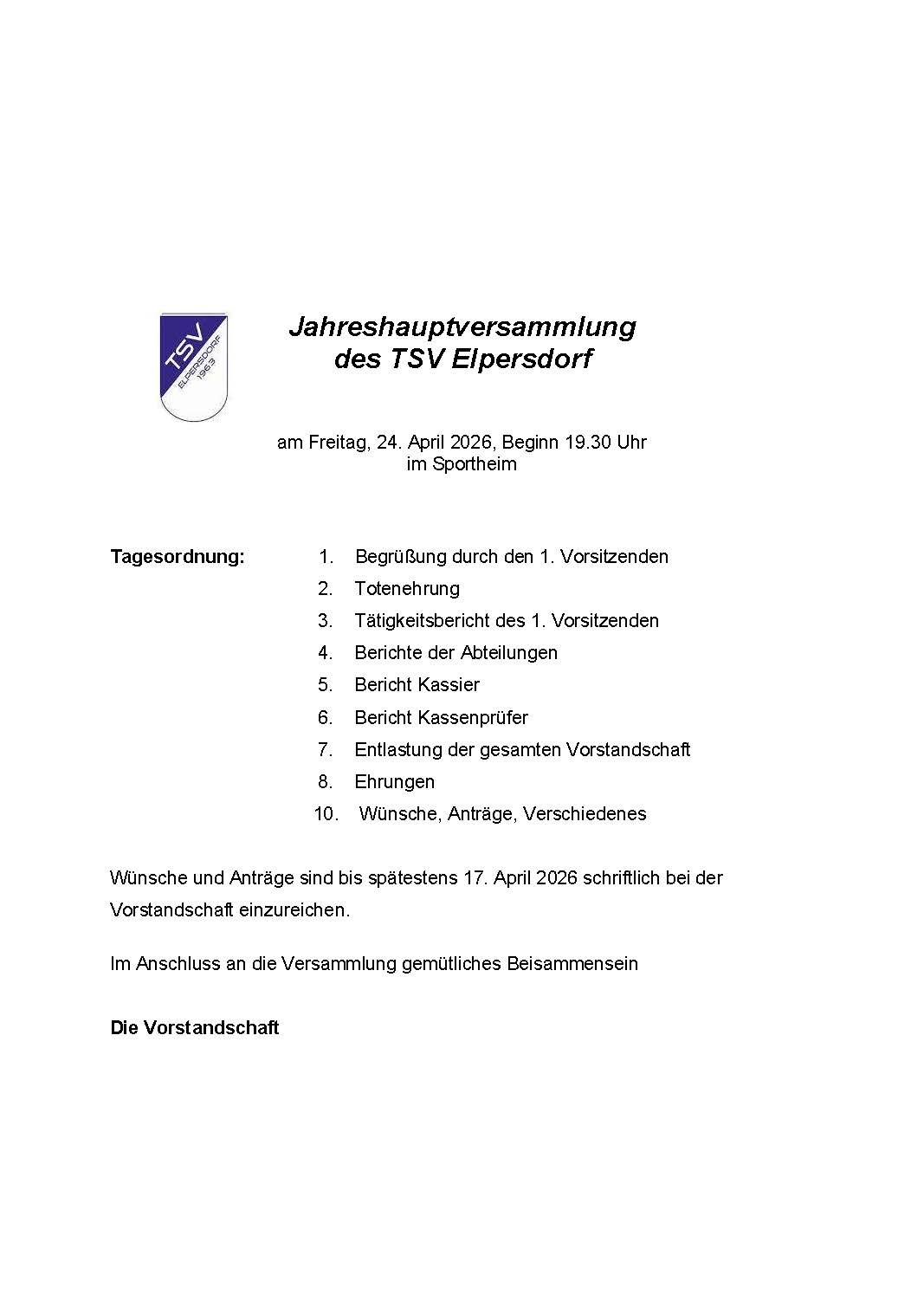 TSV Elpersdorf Jahreshauptversammlung